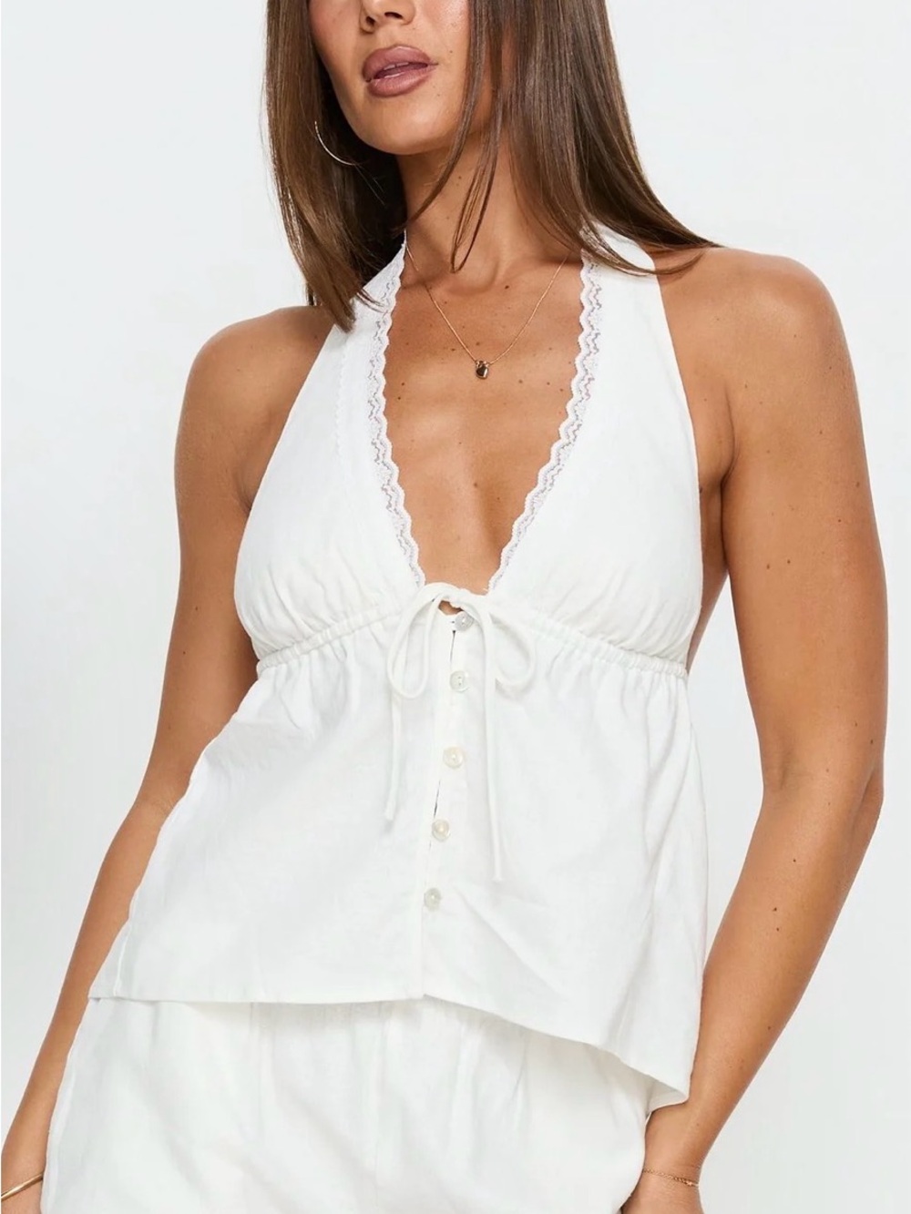 Princess Polly White Halter Tie-Front Linen Top